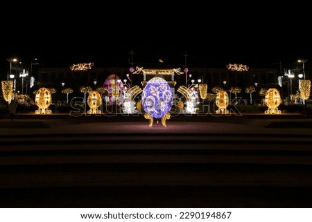 Chisinau, Moldova - April 14, 2023: Easter lighting pictured during preparation to Orthodox Easter celebration in front of Cathedral of Christ's Nativity.