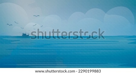 Seascape with fishing boat followed by seagulls at skyline vector illustration watercolors style on paper textured. Ocean with sky and clouds background.
