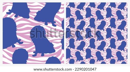 Dog silhouettes pattern fabric. Elegant, extravagant seamless background, abstract background with blue cavalier king charles spaniel dog shapes. Present for Dog Lovers. Pink and white zebra.
