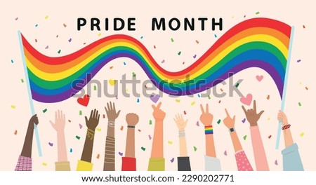 People hold hands up Celebrates LGBT pride month. Illustration, Poster, Vector , Background or wallpaper.    Royalty-Free Stock Photo #2290202771