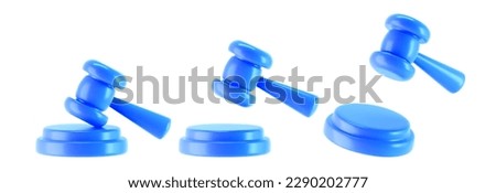 3d blue judge gavel icons isolated on white background. Render of auction hammer and concept of law and judgment. 3d cartoon simple vector illustration Royalty-Free Stock Photo #2290202777