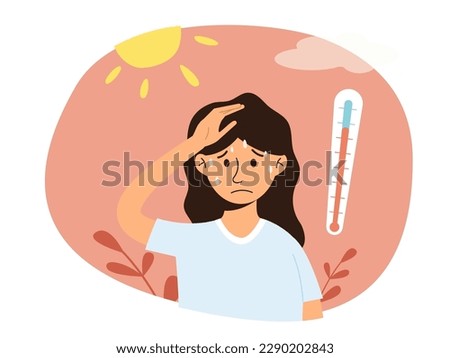 Woman at outdoor with hot sun light has a risk to have heat stroke. Girl in the background of the bright sun and thermometer in red zone. Hot summer day. Isolated vector illustration. Royalty-Free Stock Photo #2290202843