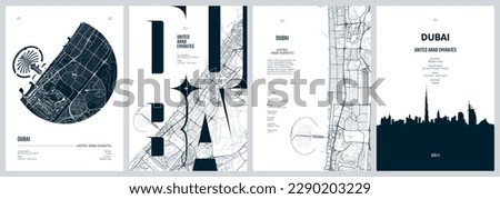 Set of travel posters with Dubai, detailed urban street plan city map, Silhouette city skyline, vector artwork Royalty-Free Stock Photo #2290203229