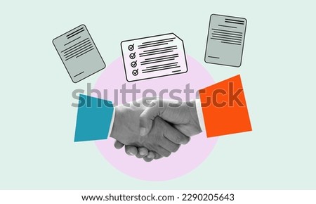 Modern art collage with human handshakes, electronic documents, and digital signatures. Copy space for advertising, text, and design.