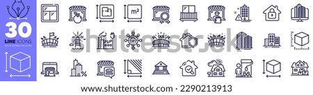 Painter, Skyscraper buildings and Building warning line icons pack. Inspect, Arena, Square area web icon. Food market, Sports arena, Buildings pictogram. Market, Triangle area, Home facility. Vector