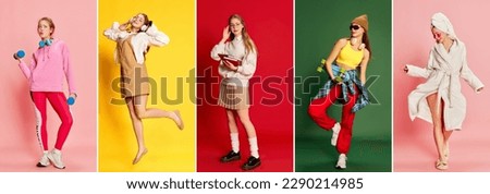 Happiness, calm, dreaminess. Collage made of portraits of emotional young girl in different fashion style clothes over colored backgrounds. Concept of happiness, positive emotions, education, sport