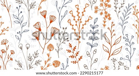 Field flower twigs natural vector seamless background. Ornate herbal fabric print. Garden plants leaves and stems illustration. Field flower sprouts growing repeating background