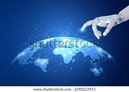 Robot hand with network connection on earth. Artificial intelligence and digital technology connection, internet, big data analytics and business concepts, e-commerce, social networking. AI. Royalty-Free Stock Photo #2290223911