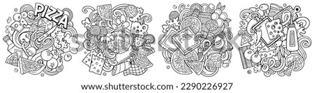 Pizza cartoon vector doodle designs set. Sketchy detailed compositions with lot of pizzeria objects and symbols. Isolated on white illustrations