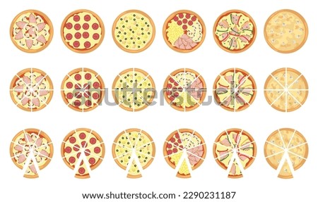 Set of different delicious pizzas on white background, top view