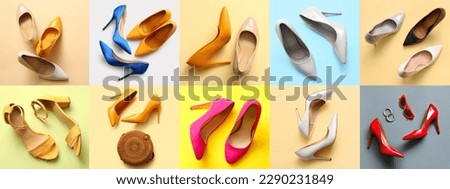 Collage with stylish high heeled shoes on color background Royalty-Free Stock Photo #2290231849