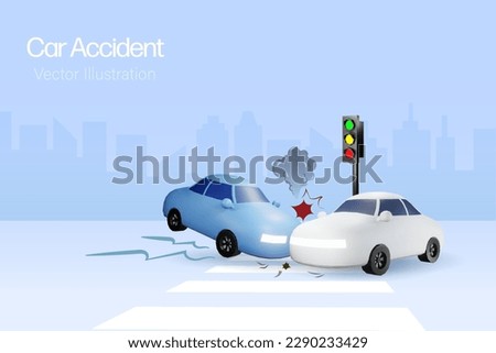 Car accident concept. Cars crashing on street at traffic light. Car accident and insurance concept. 3D vector. Royalty-Free Stock Photo #2290233429