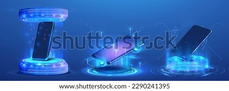 Futuristic holograms and podiums with 3D mobile phones. Abstract digital user interface technology. Smartphone hangs in the air. HUD, GUI futuristic portal, hologram. Vector