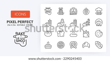 Line icons about  bakery and breads. Thin line icon set. 512x512 Pixel Perfect.. Editable vector stroke. 64 and 256 Pixel Perfect scalable to 128px Royalty-Free Stock Photo #2290245403