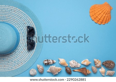 Summer and vacation flat lay with a beauty blue striped woman straw hat, sun glasses, a scallop shell and various seashells at the lower edge of the picture on blue background.