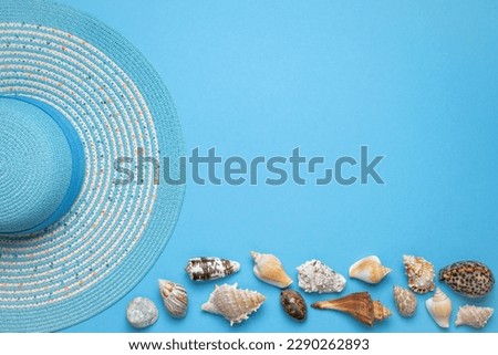 Summer and vacation flat lay with a beauty blue striped woman straw hat and various seashells at the lower edge of the picture on blue 