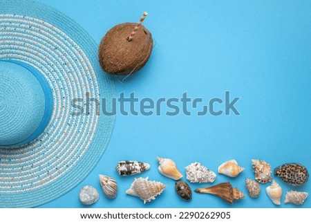 Summer and vacation flat lay with a beauty blue striped woman straw hat, a Coconut with straw and various seashells at the lower edge of the picture on blue background.