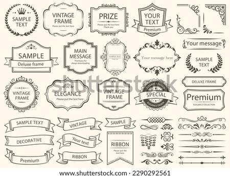 Vintage typographic design elements set. Labels and badges, retro ribbons, luxury ornate logo symbols, calligraphic swirls, flourishes. Vector set border. Royalty-Free Stock Photo #2290292561