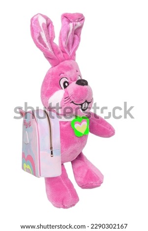 A cute pink plush bunny with heart pendant and a bag, isolated on a white background. Easter greeting card decoration item with space for design. Bright plush animal.