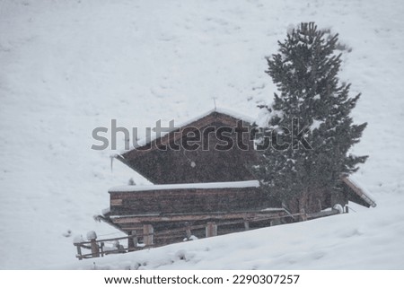 capricious weather in april with a lot of fresh snow on the mountains, on the picture a snowed in hunting hut