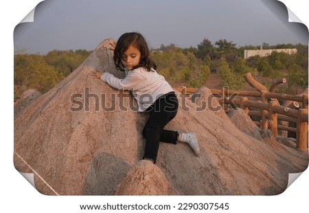 Kid standing on hill with 3d poster portrait camera photo. Filter effect and white background.