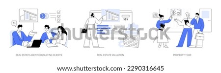 Commercial real estate firm abstract concept vector illustration set. Real estate agent consulting clients, property valuation, rental office tour, contracting broker, b2b sales abstract metaphor. Royalty-Free Stock Photo #2290316645
