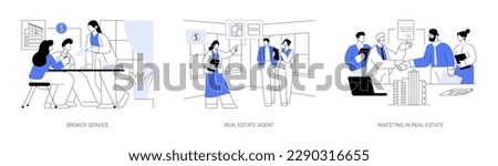 Real estate business abstract concept vector illustration set. Broker service, real estate agent, investing in property assets, business people signing contract, property listing abstract metaphor. Royalty-Free Stock Photo #2290316655
