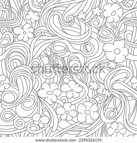 Seamless pattern with swirls and flowers. Hand drawn black and white vector illustration. Royalty-Free Stock Photo #2290326159