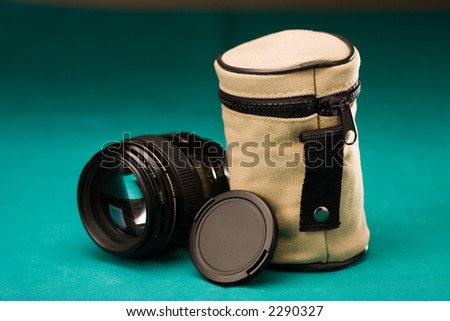 Fast lens with cap and pouch, on green background