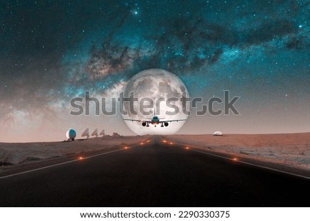 composition commercial plane landing on a runway in the middle of the desert against full moon at night