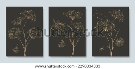 Dark luxury minimalistic art background with flowers and grass in golden art line style. Hand drawn botanical set for decor, packaging, textile, wallpaper, print, poster, fabric.
