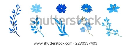 Blue Flowers and Floral Leafy Twigs Decorative Elements Vector Set Royalty-Free Stock Photo #2290337403