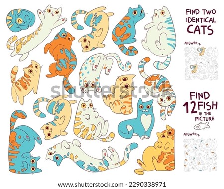 Find two identical cats in the picture. Find 10 fish in the image. Find hidden objects in the picture. Puzzle Hidden Items. Educational game for children. Colorful cartoon characters Royalty-Free Stock Photo #2290338971
