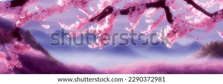 Japanese landscape with sakura trees against the backdrop of mountains and a volcano. beautiful fantasy landscape. vector banner illustration Royalty-Free Stock Photo #2290372981