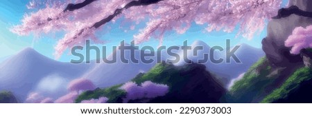 Japanese landscape with sakura trees against the backdrop of mountains and a volcano. beautiful fantasy landscape. vector banner illustration Royalty-Free Stock Photo #2290373003
