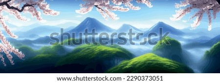 Japanese landscape with sakura trees against the backdrop of mountains and a volcano. beautiful fantasy landscape. vector banner illustration Royalty-Free Stock Photo #2290373051