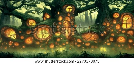 Fantastic houses magical forest night, fabulous dwelling in tree trunks. Banner vector illustration Fairy-tale house in a tree with a roof intertwined. Forest house