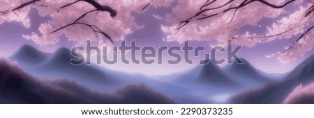 Japanese landscape with sakura trees against the backdrop of mountains and a volcano. beautiful fantasy landscape. vector banner illustration Royalty-Free Stock Photo #2290373235
