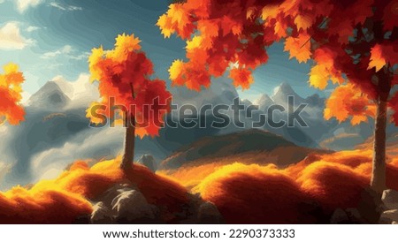 vector illustration of countryside in autumn, autumn landscape mountains and maple trees fallen with yellow foliage. Forest in shades of orange and teal in the fall.