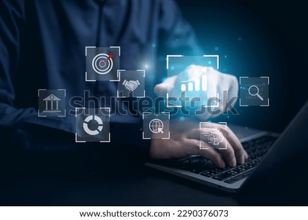 document, network, chart, stock price, partner, human resource, guarantee icon showing on magnifier holding by businessman
