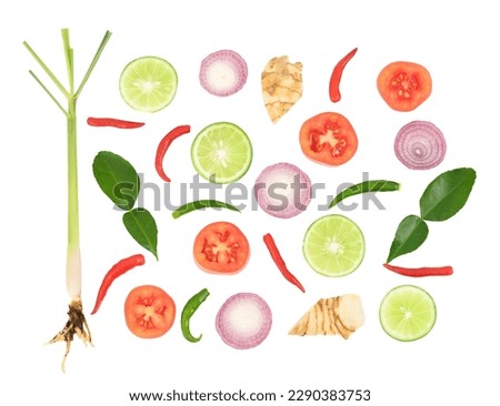 Herbs and vegetables are used to make Tom Yum soup isolated on white with clipping path.  Royalty-Free Stock Photo #2290383753
