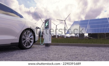 Using of charge station, solar panel and windmill background. Sustainability assessment, renewable energy concept. Electric vehicle using sustainable source, wind generator. Saving, climate change. Royalty-Free Stock Photo #2290391689