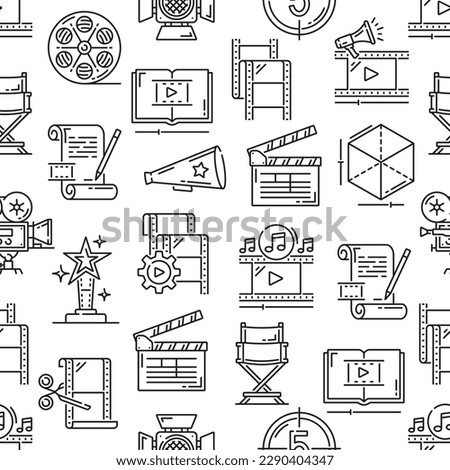 Movie, video production seamless pattern. Vector background with thin line film, camera and cinema ticket, tape reel, film director chair, clapperboard and megaphone, cinematography backdrop Royalty-Free Stock Photo #2290404347