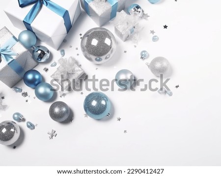 Top view photo of blue white and silver baubles disco balls big present boxes with ribbon bows and confetti