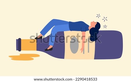 Drunk woman sleeping on wine bottle in flat design. Alcohol addiction. Alcoholic female. Royalty-Free Stock Photo #2290418533