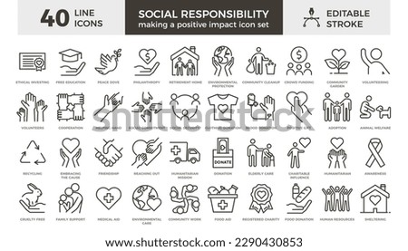 40 thin line vector icons with editable stroke related with social responsibility, volunteering and humanitarian causes Royalty-Free Stock Photo #2290430853