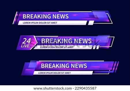 Lower third tv header, headline and news bars. Vector modern colorful purple and white neon video title or television news bar isolated template. Broadcast strip layout with text, information line Royalty-Free Stock Photo #2290435587
