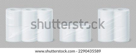Realistic toilet towel paper, hygiene. Isolated 3d vector tissue rolls packed into plastic wrapper. Essential bathroom or kitchen item, providing comfort and cleanliness for personal sanitary needs Royalty-Free Stock Photo #2290435589