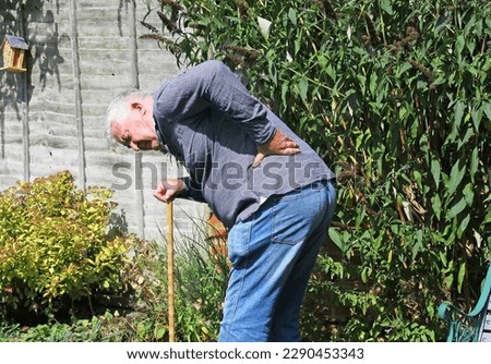 Senior or elderly man with a walking stick or walking cane in a lot of pain. Man learning over with severe back pain.  Royalty-Free Stock Photo #2290453343
