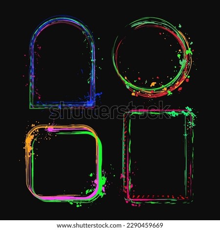 Set of geometric frames with copy spase, paint brush strokes, spattered paint of neon bright colors. Virtual digital templates for logo, advertisment.